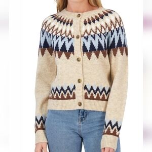 Lucky Brand Brown/Blue Fair Isle Patterned Boucle Knit Button Up Cardigan Sz S